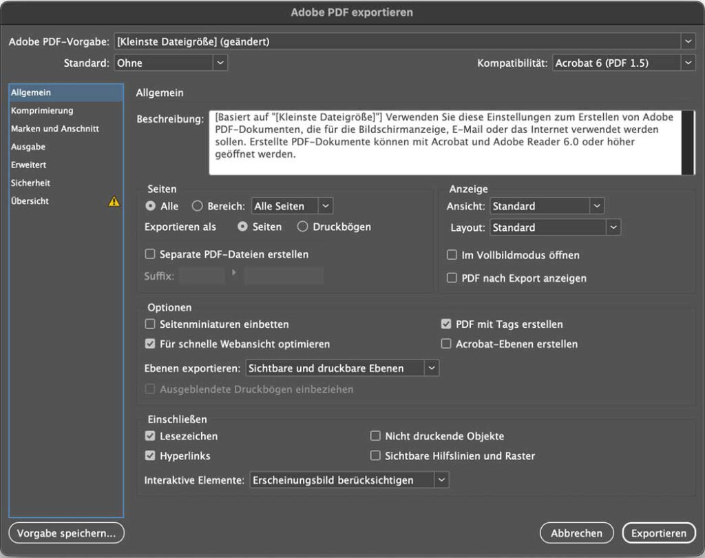 Abbildung: Beispiel für ein Dialogfenster bei PDF-Export mit der Option „Adobe PDF (Druck)“, PDF-Vorgabe geändert zu "Kleinste Dateigröße"