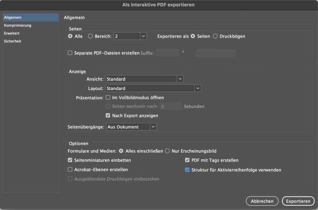 Abbildung: Beispiel für ein Dialogfenster bei PDF-Export mit der Option „Adobe PDF (Interaktiv)“