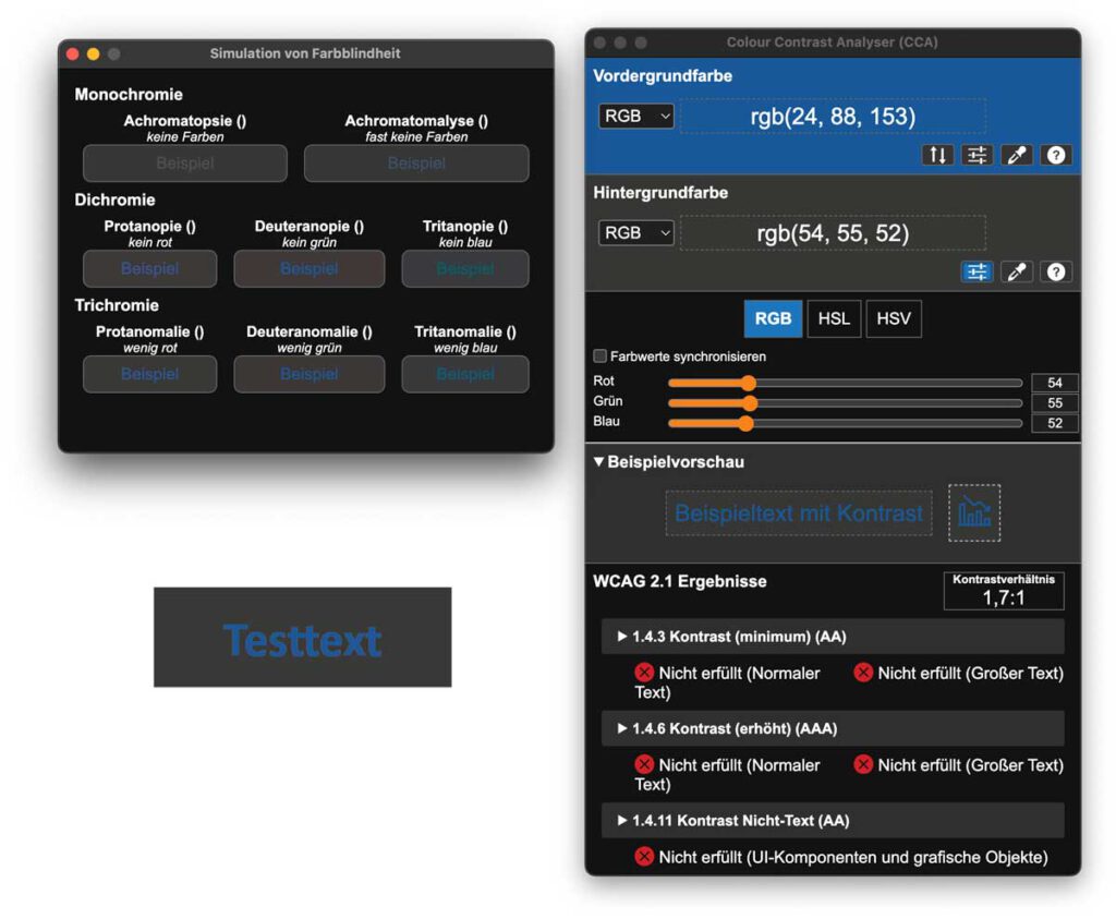 Beispiel 1 für die Verwendung der App Colour Contrast Analyser (CAA) mit blauem Text auf anthrazitfarbenem Hintergrund, mit einem Kontrastverhältnis 1,7 zu 1 als Ergebnis werden die Vorgaben der WCAG nicht erfüllt. Dargestellt ist auch eine Simulation von Farbblindheit. Es besteht Verbesserungsbedarf.