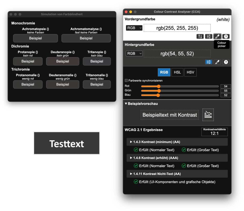 Beispiel 2 für die Verwendung der App Colour Contrast Analyser (CAA) mit weißem Text auf anthrazitfarbenem Hintergrund, mit einem Kontrastverhältnis 12 zu 1 als Ergebnis werden die Vorgaben der WCAG erfüllt. Dargestellt ist auch eine Simulation von Farbblindheit.