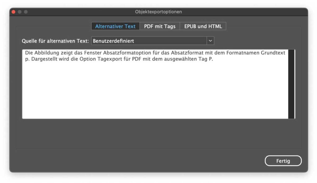 Dialogfeld „Objektexportoptionen“ mit Auswahl der Registerkarte "Alternativer Text mit Beschreibung des Bildes