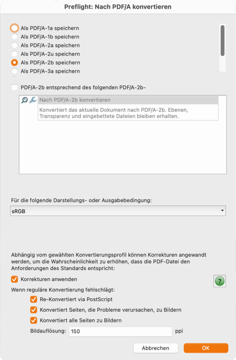 Einstellungen bei PDF-Konvertierung in Adobe Acrobat